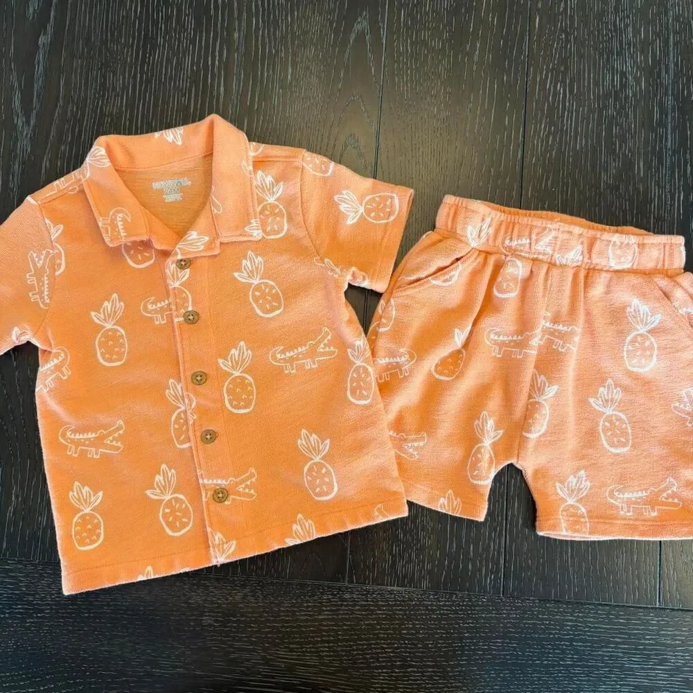 Toddler 24M Orange Terry Cloth Summer/Vacation Outfit Pineapples & Alligators‎